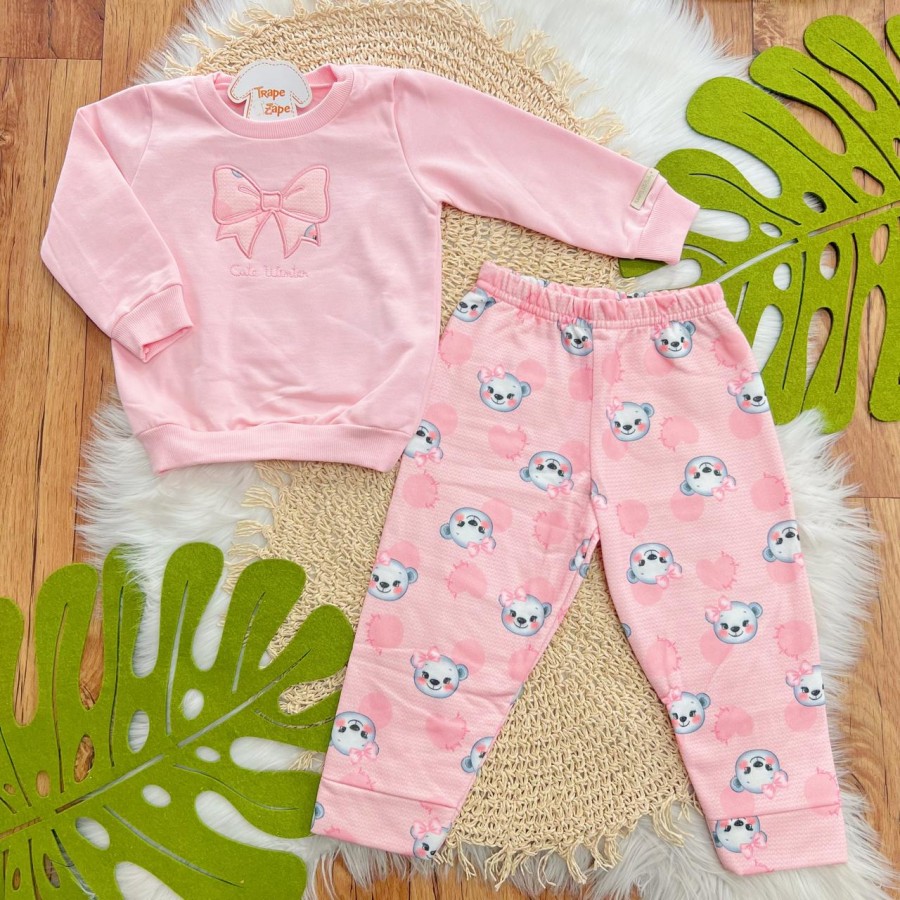 Conj. Casaco de Moletom Cute Winter e Calça Ursinha - Rosa
